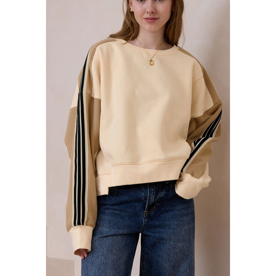 Contrast Round Neck Long Sleeve Sweatshirt Beige / (US 4-6)S Apparel and Accessories