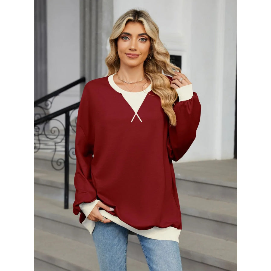 Contrast Round Neck Long Sleeve Sweatshirt Apparel and Accessories