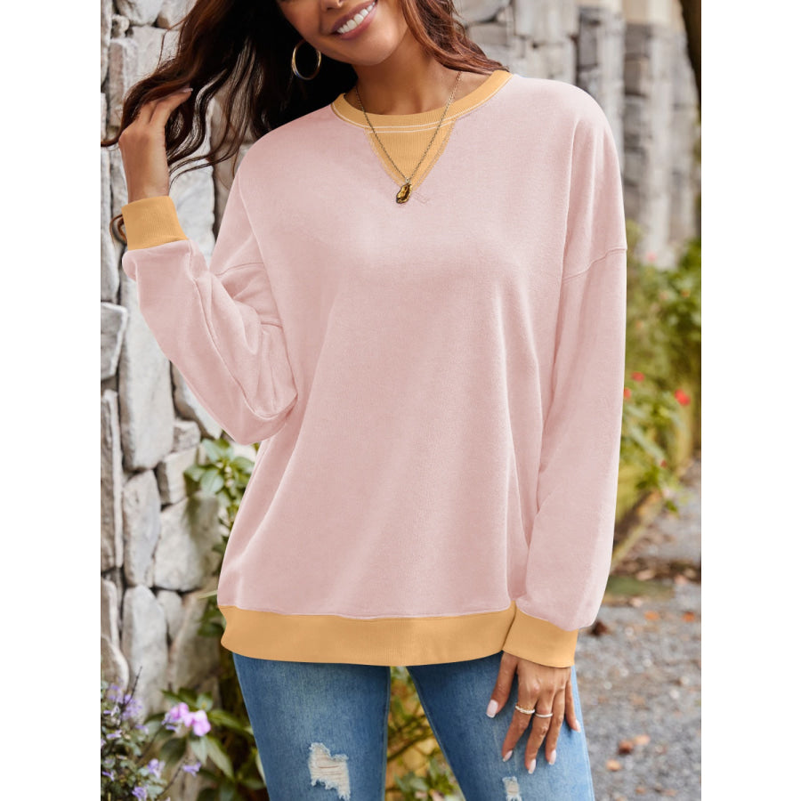 Contrast Round Neck Long Sleeve Sweatshirt Apparel and Accessories