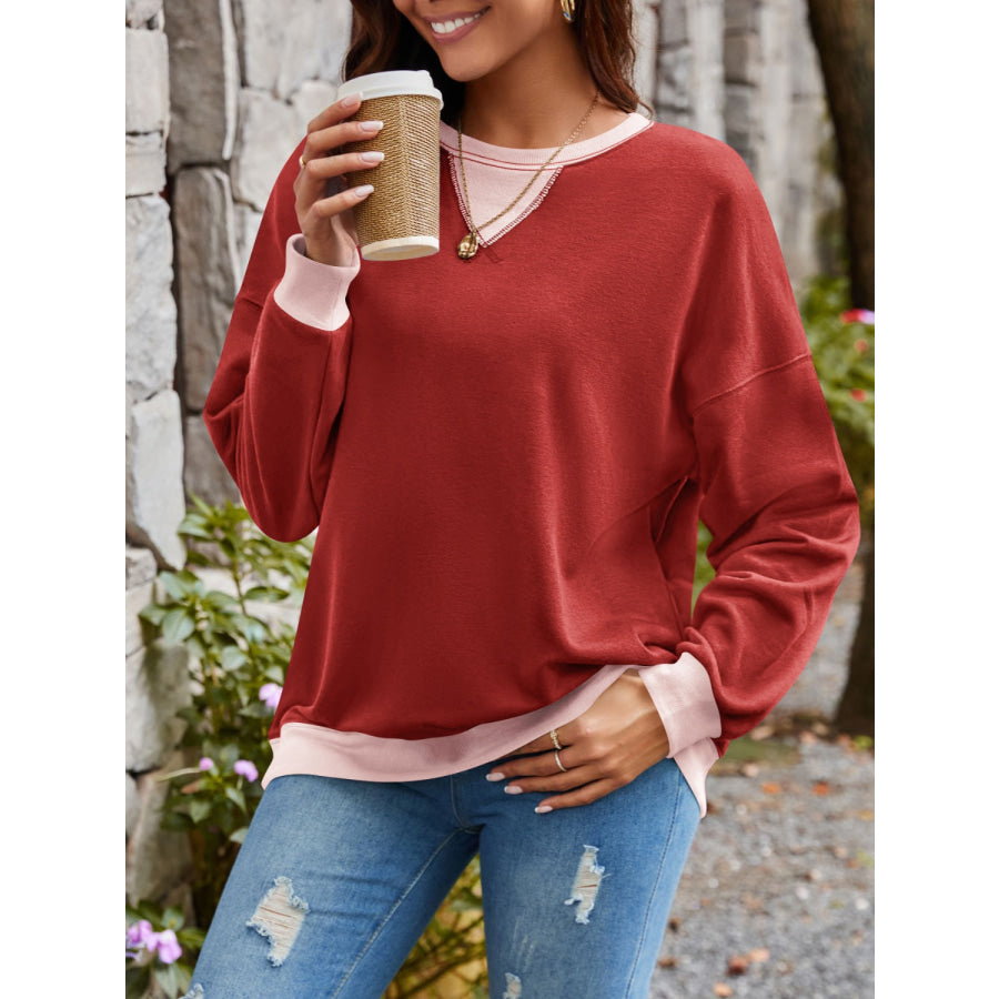 Contrast Round Neck Long Sleeve Sweatshirt Apparel and Accessories