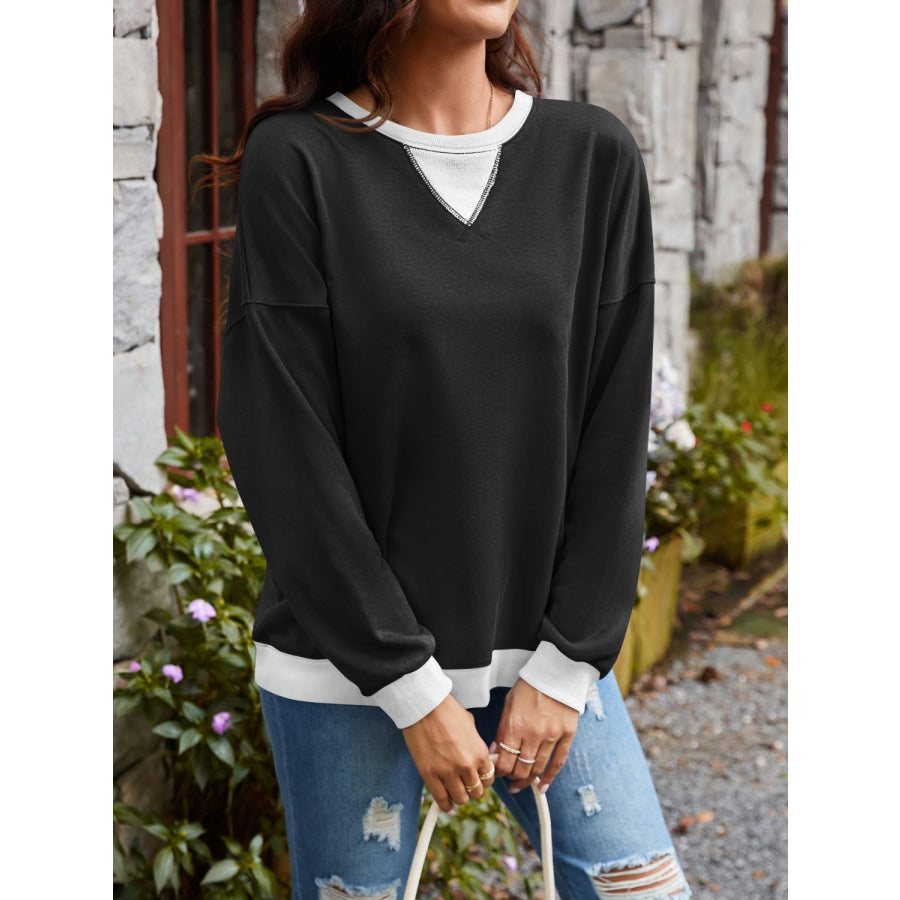 Contrast Round Neck Long Sleeve Sweatshirt Apparel and Accessories