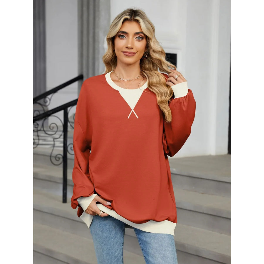 Contrast Round Neck Long Sleeve Sweatshirt Apparel and Accessories