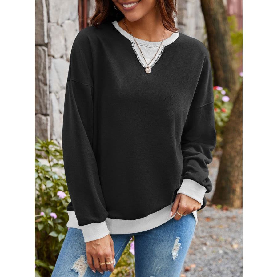 Contrast Round Neck Long Sleeve Sweatshirt Apparel and Accessories