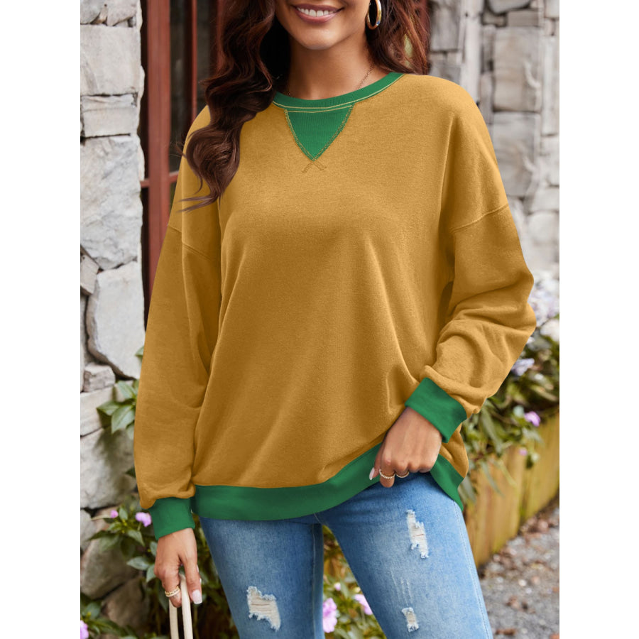 Contrast Round Neck Long Sleeve Sweatshirt Apparel and Accessories