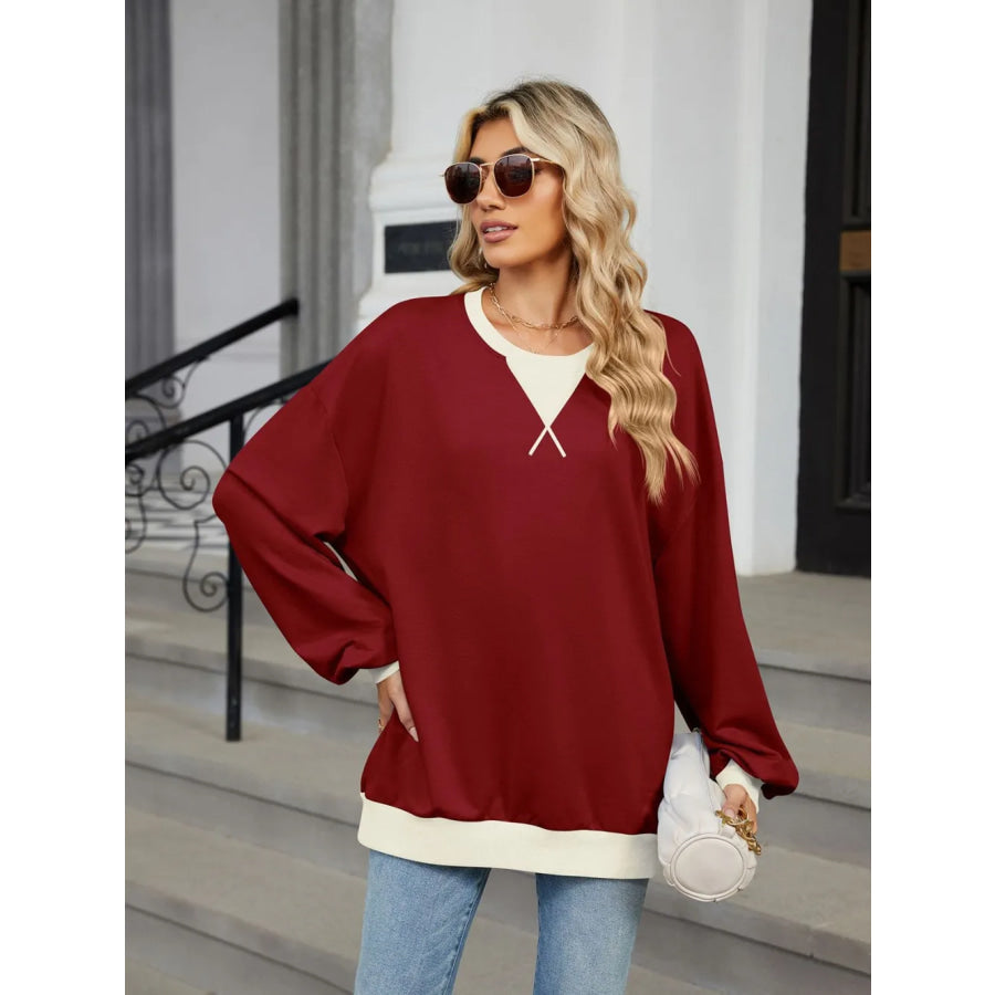 Contrast Round Neck Long Sleeve Sweatshirt Apparel and Accessories