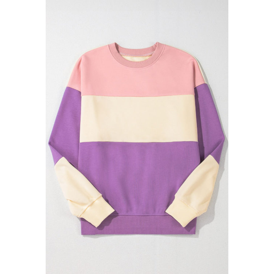 Contrast Round Neck Long Sleeve Sweatshirt Apparel and Accessories