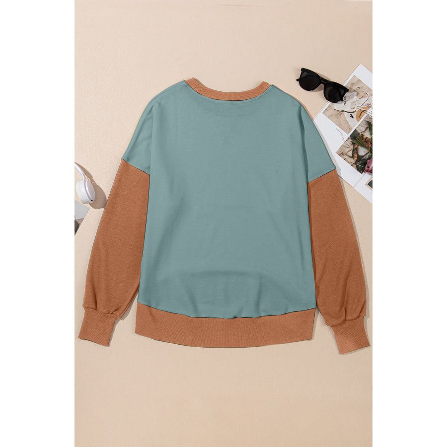 Contrast Round Neck Long Sleeve Sweatshirt Apparel and Accessories