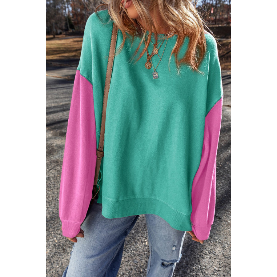 Contrast Round Neck Long Sleeve Sweatshirt Apparel and Accessories