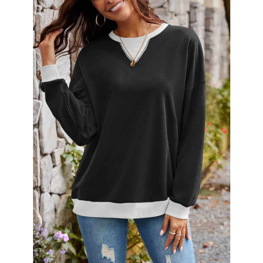 Contrast Round Neck Long Sleeve Sweatshirt Apparel and Accessories