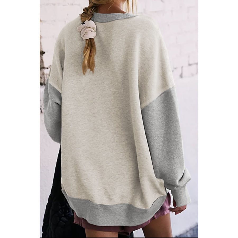 Contrast Round Neck Long Sleeve Sweatshirt Light Gray / S Apparel and Accessories