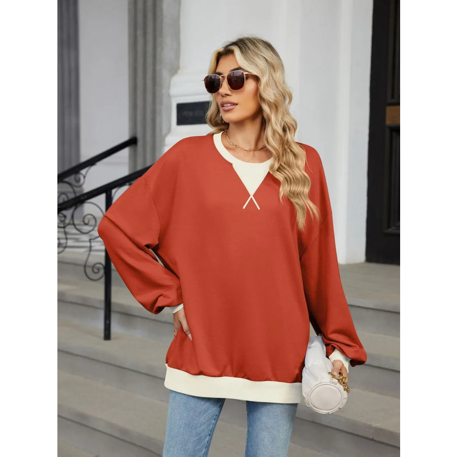 Contrast Round Neck Long Sleeve Sweatshirt Apparel and Accessories