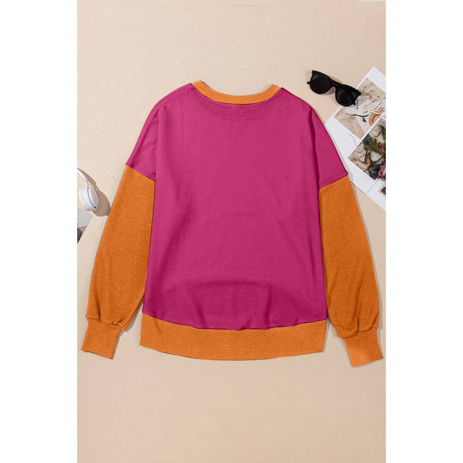 Contrast Round Neck Long Sleeve Sweatshirt Apparel and Accessories