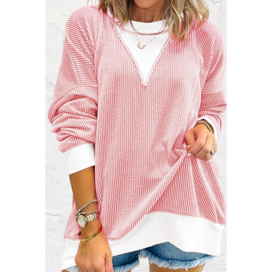 Contrast Round Neck Long Sleeve Sweatshirt Apparel and Accessories