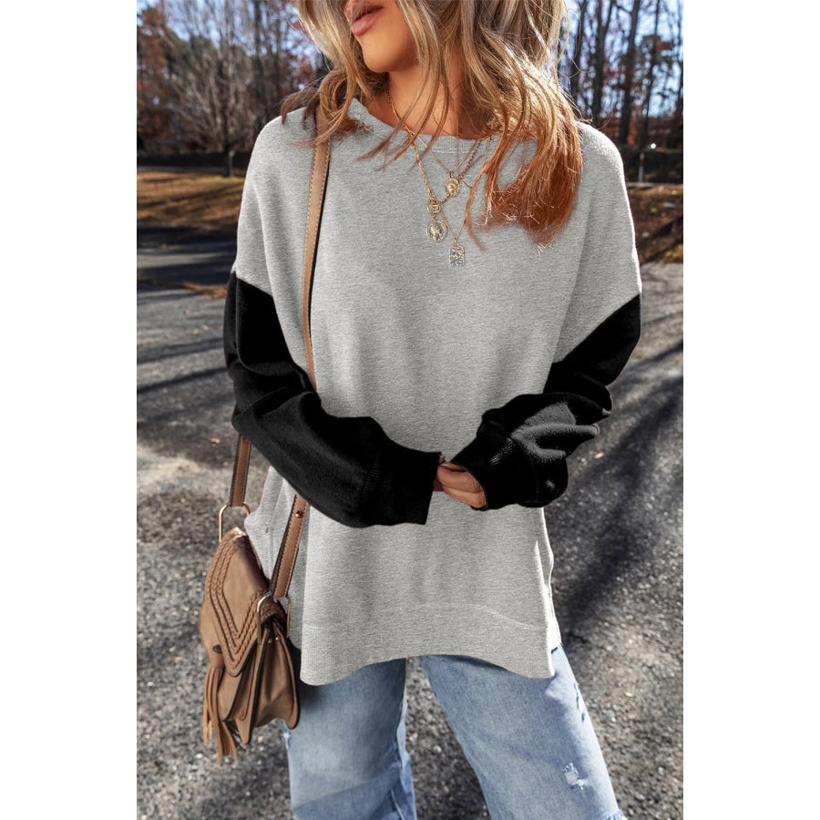 Contrast Round Neck Long Sleeve Sweatshirt Apparel and Accessories