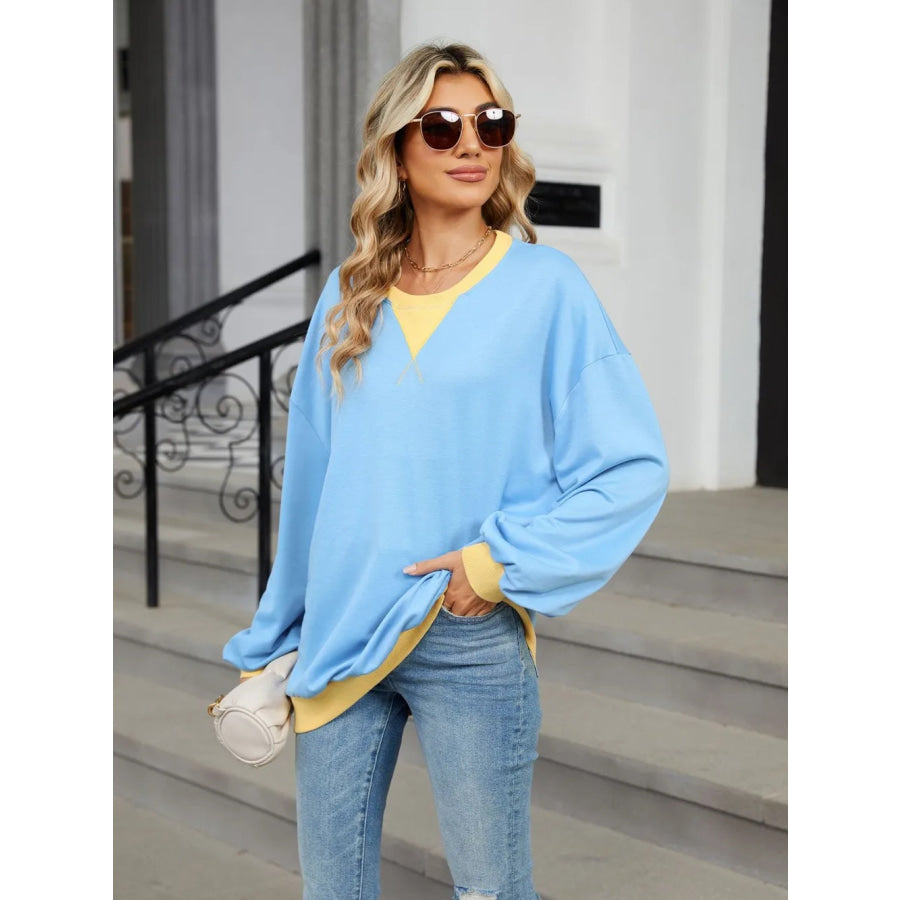 Contrast Round Neck Long Sleeve Sweatshirt Apparel and Accessories