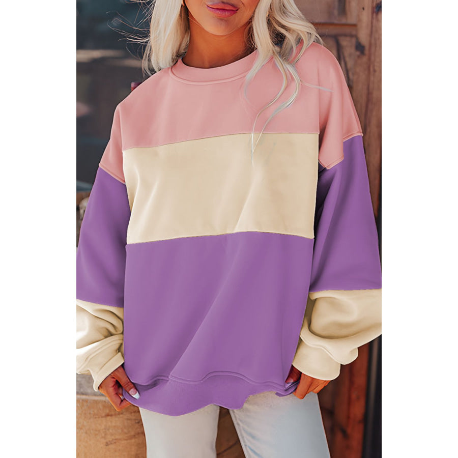 Contrast Round Neck Long Sleeve Sweatshirt Apparel and Accessories