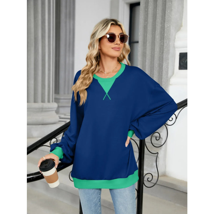 Contrast Round Neck Long Sleeve Sweatshirt Apparel and Accessories