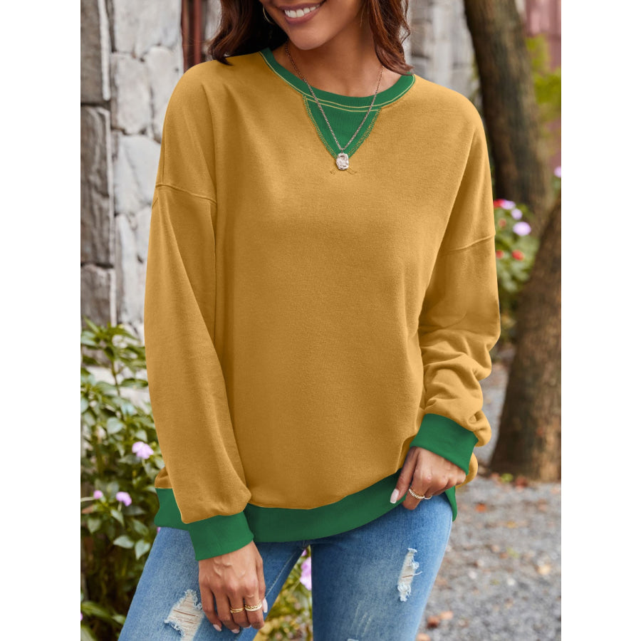 Contrast Round Neck Long Sleeve Sweatshirt Apparel and Accessories