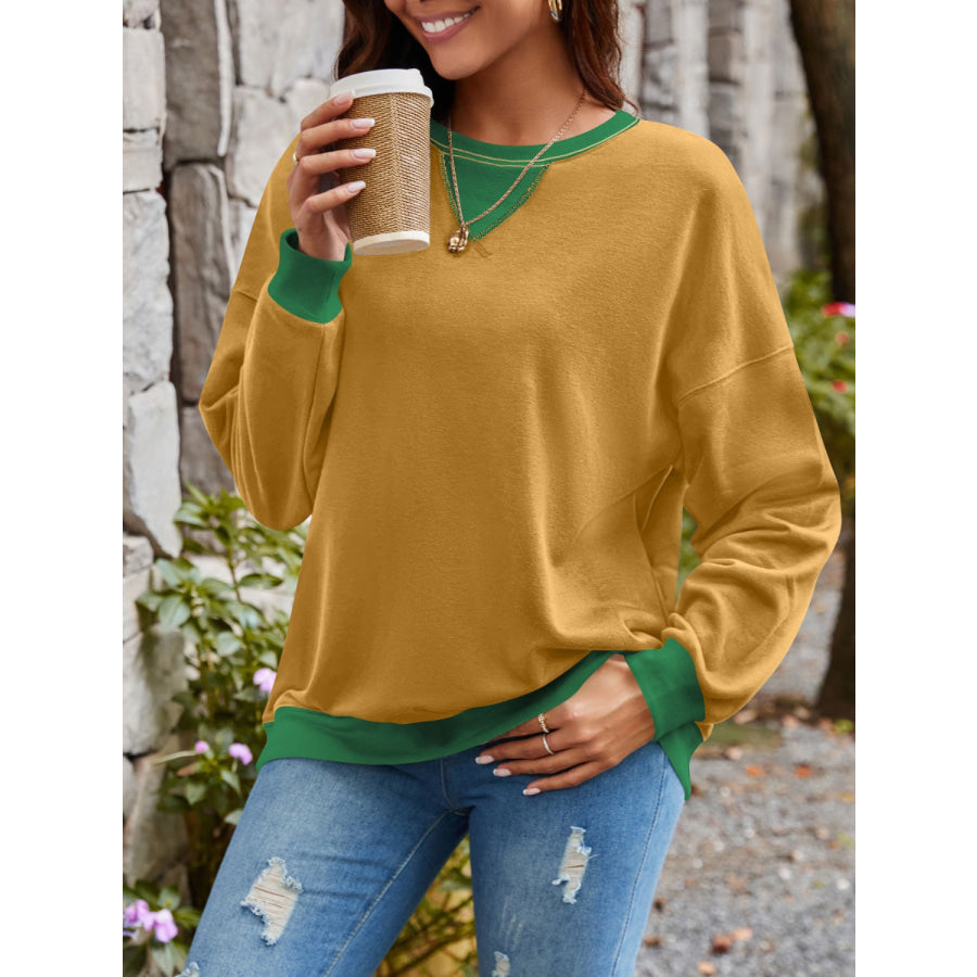 Contrast Round Neck Long Sleeve Sweatshirt Apparel and Accessories