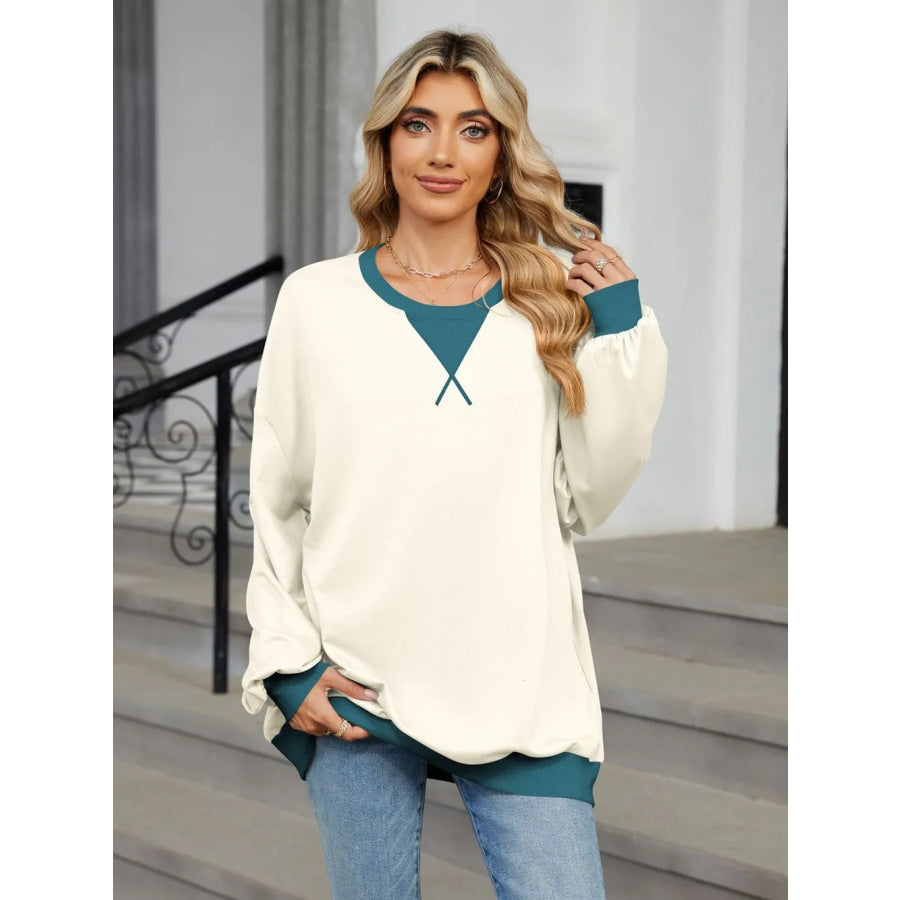 Contrast Round Neck Long Sleeve Sweatshirt Apparel and Accessories
