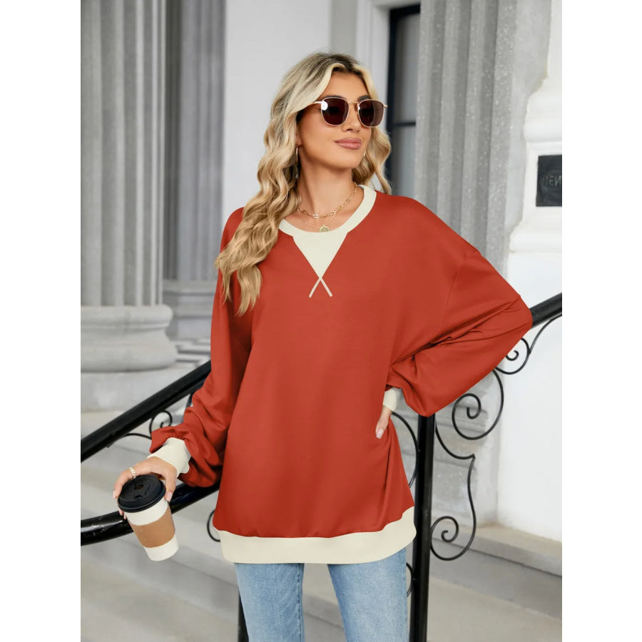 Contrast Round Neck Long Sleeve Sweatshirt Apparel and Accessories