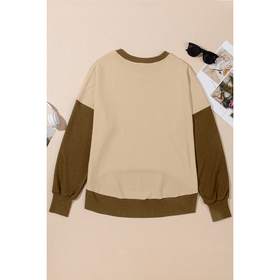 Contrast Round Neck Long Sleeve Sweatshirt Apparel and Accessories