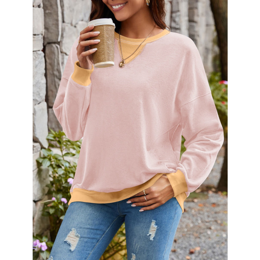 Contrast Round Neck Long Sleeve Sweatshirt Apparel and Accessories