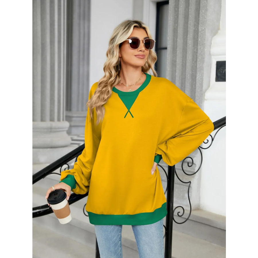 Contrast Round Neck Long Sleeve Sweatshirt Apparel and Accessories