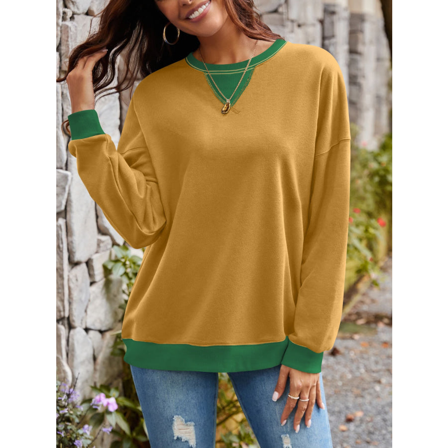 Contrast Round Neck Long Sleeve Sweatshirt Apparel and Accessories