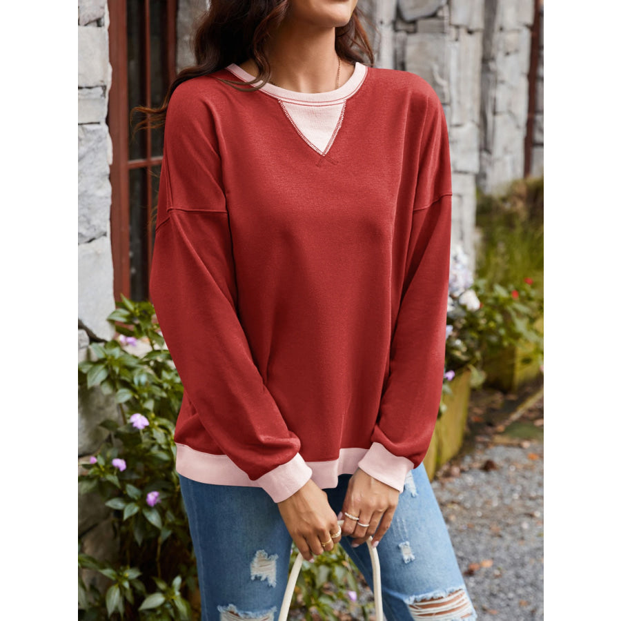 Contrast Round Neck Long Sleeve Sweatshirt Apparel and Accessories