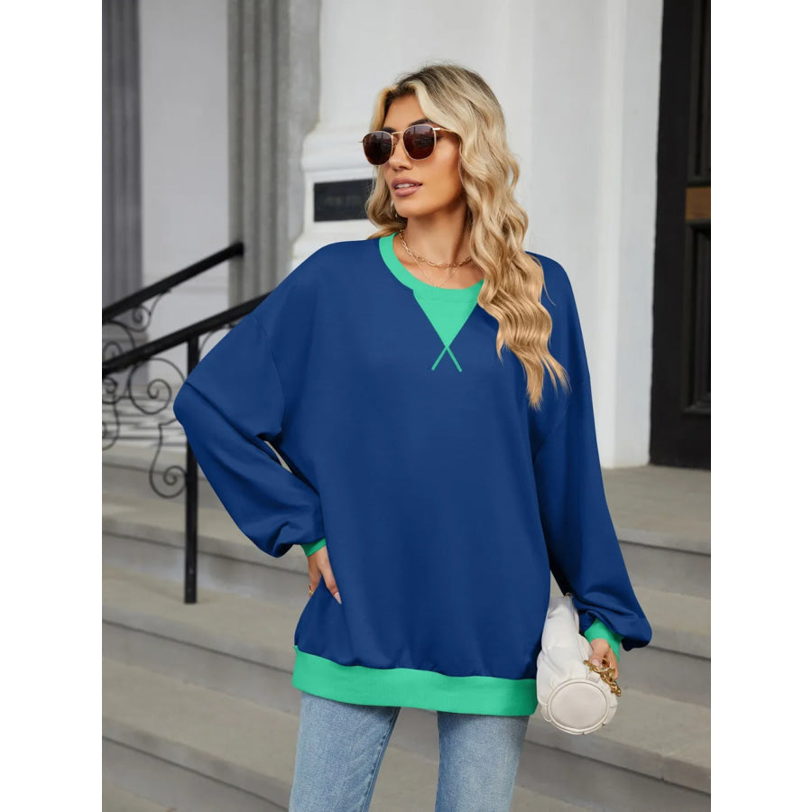 Contrast Round Neck Long Sleeve Sweatshirt Apparel and Accessories