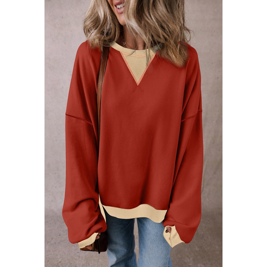 Contrast Round Neck Long Sleeve Sweatshirt Apparel and Accessories