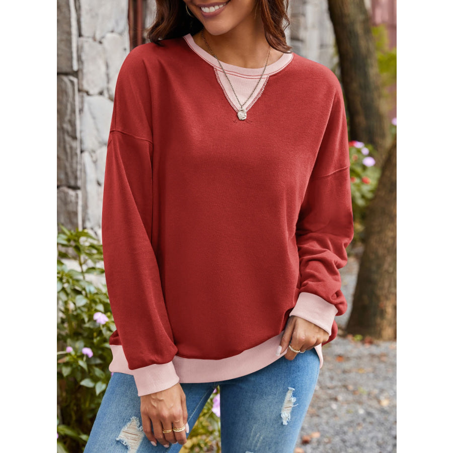 Contrast Round Neck Long Sleeve Sweatshirt Apparel and Accessories