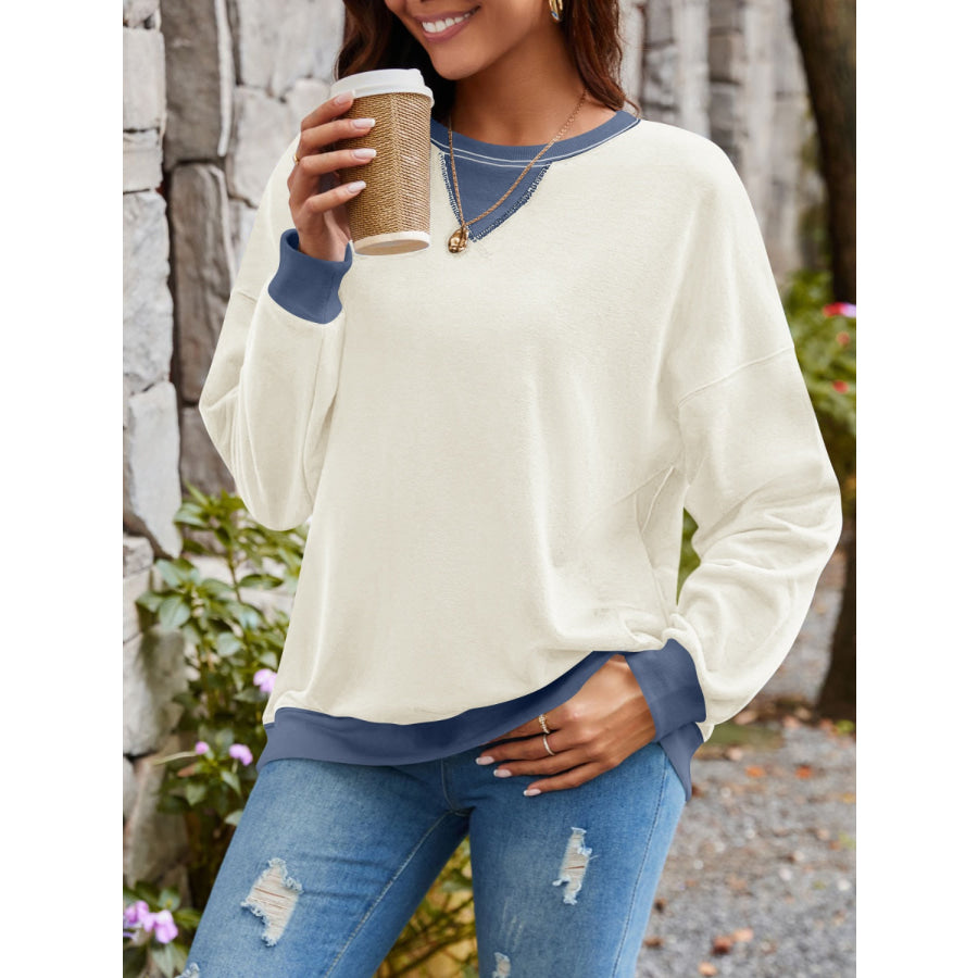 Contrast Round Neck Long Sleeve Sweatshirt Apparel and Accessories