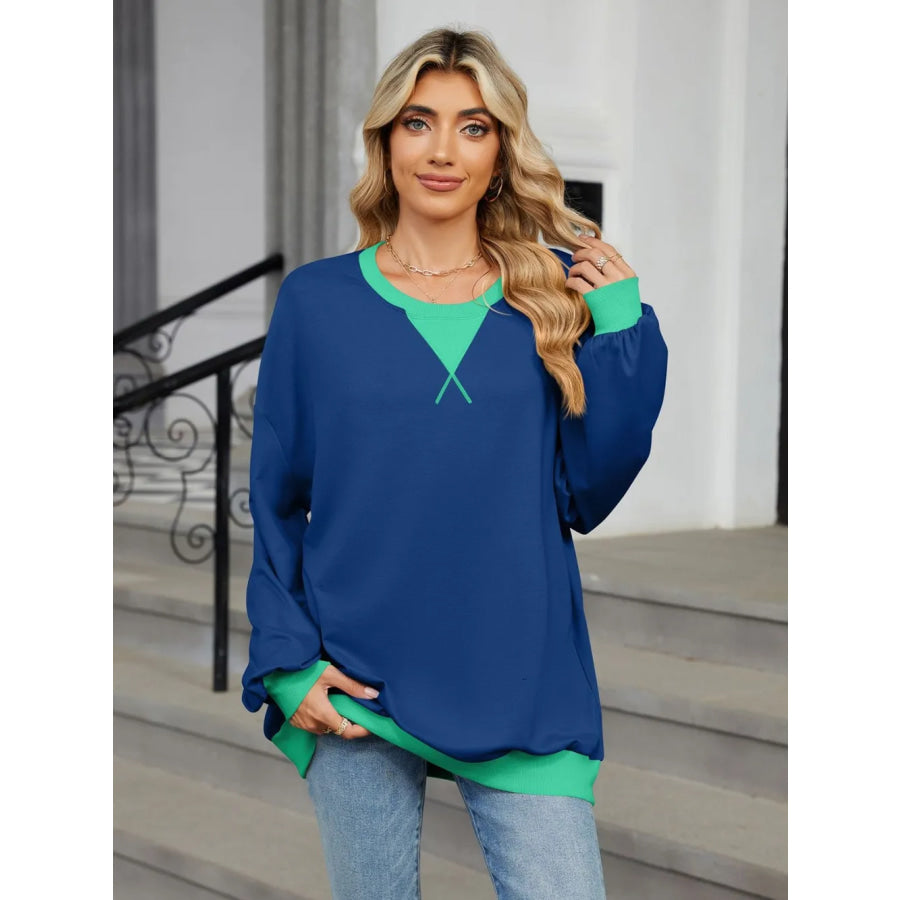 Contrast Round Neck Long Sleeve Sweatshirt Peacock Blue / S Apparel and Accessories