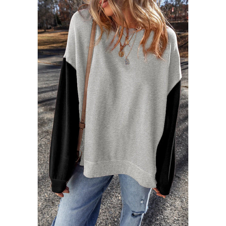 Contrast Round Neck Long Sleeve Sweatshirt Apparel and Accessories