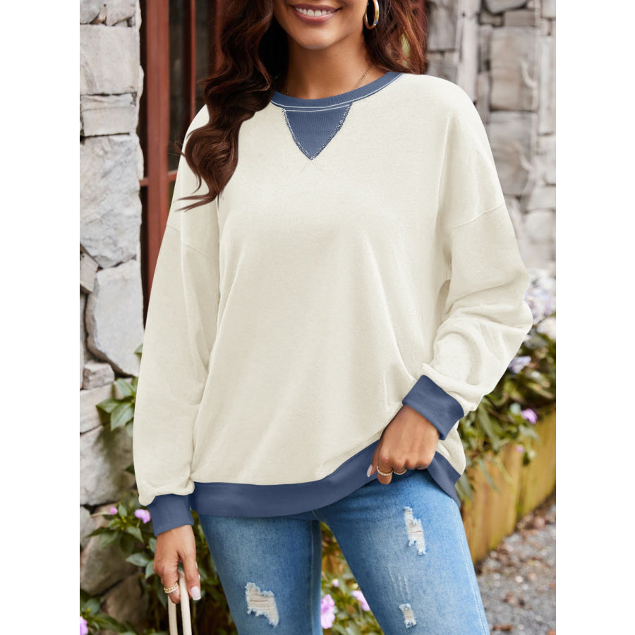 Contrast Round Neck Long Sleeve Sweatshirt Beige / S Apparel and Accessories