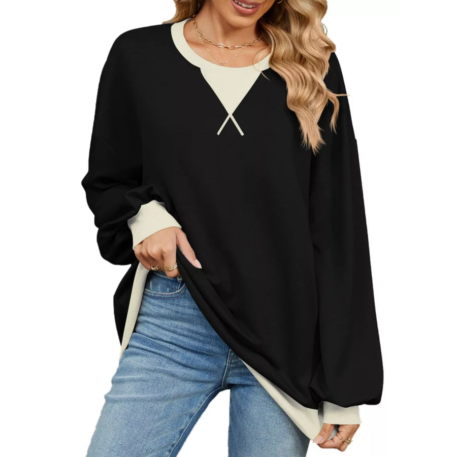 Contrast Round Neck Long Sleeve Sweatshirt Black / S Apparel and Accessories