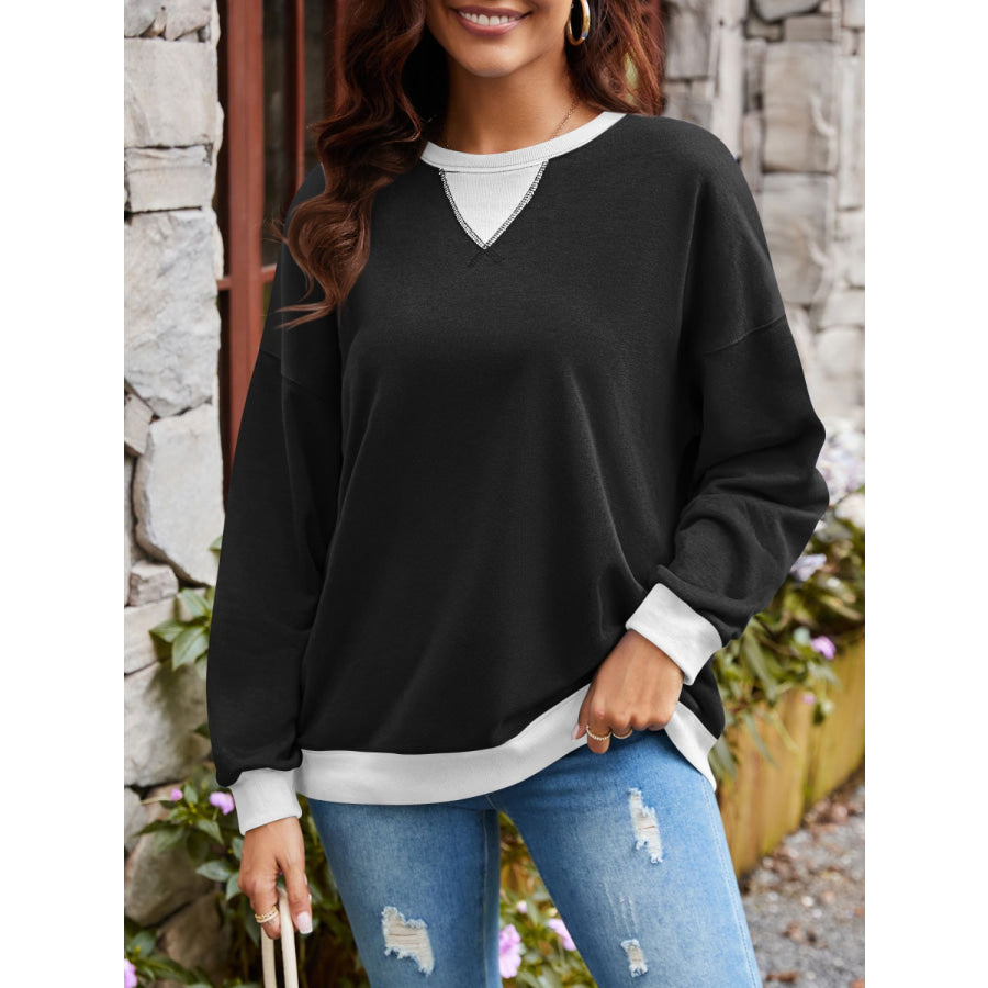 Contrast Round Neck Long Sleeve Sweatshirt Black / S Apparel and Accessories