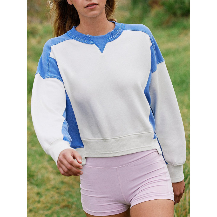 Contrast Round Neck Long Sleeve Sweatshirt Blue / S Apparel and Accessories