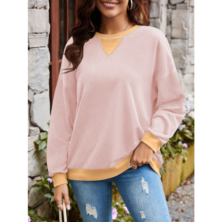 Contrast Round Neck Long Sleeve Sweatshirt Blush Pink / S Apparel and Accessories