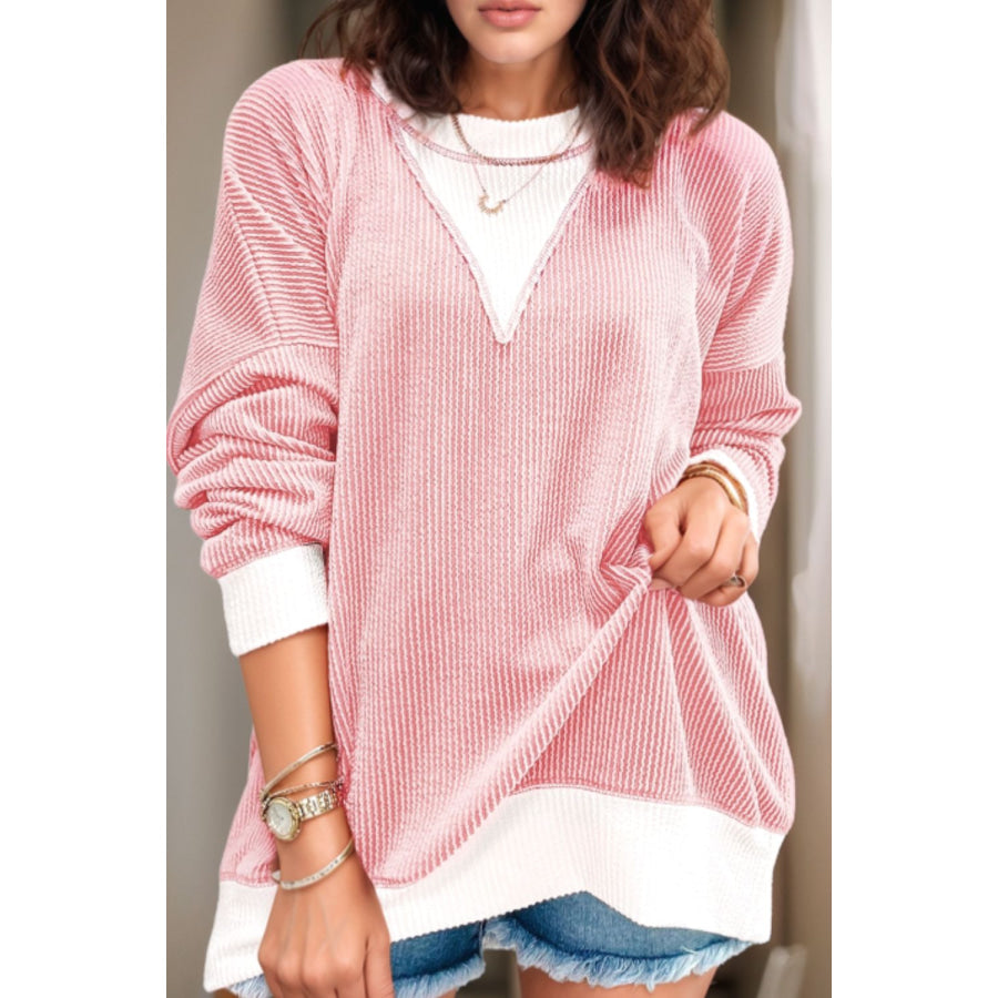 Contrast Round Neck Long Sleeve Sweatshirt Blush Pink / S Apparel and Accessories