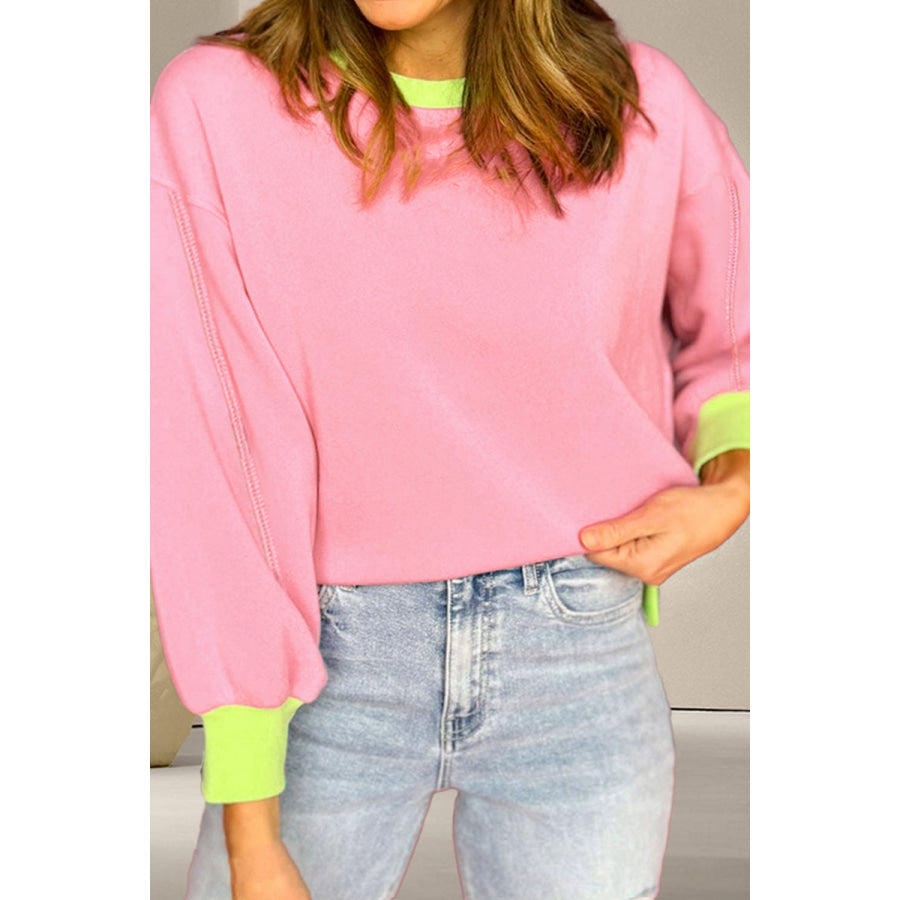 Contrast Round Neck Long Sleeve Sweatshirt Blush Pink / S Apparel and Accessories