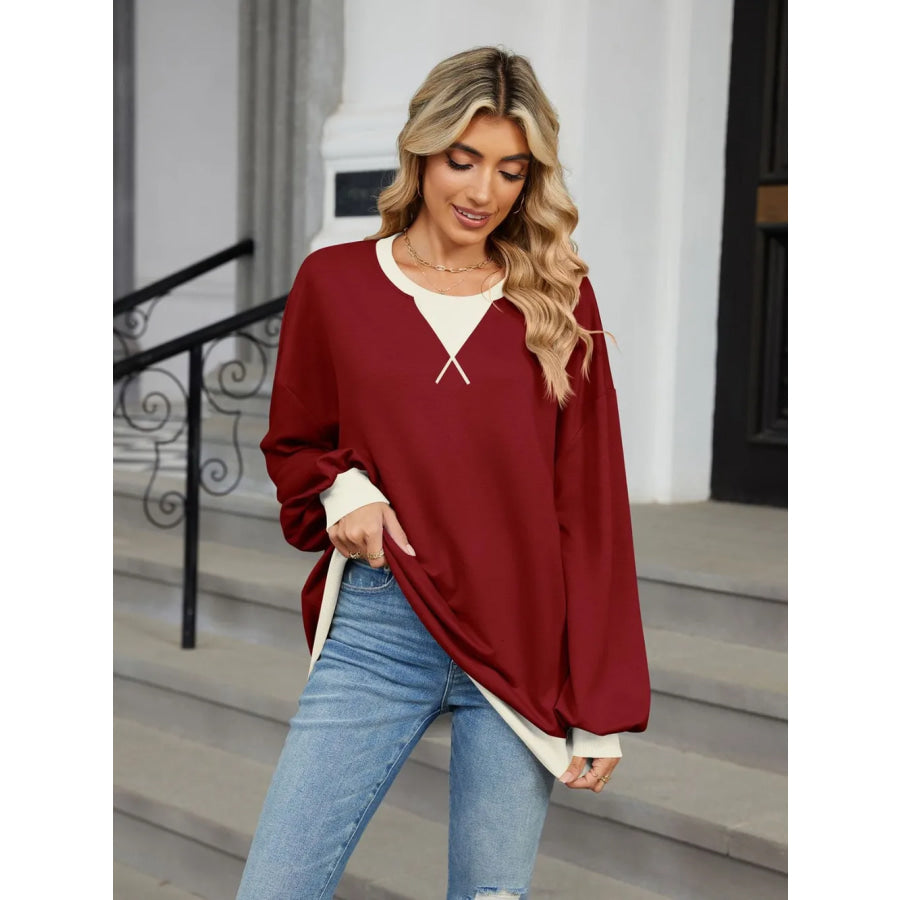 Contrast Round Neck Long Sleeve Sweatshirt Burgundy / S Apparel and Accessories