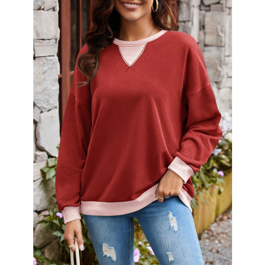 Contrast Round Neck Long Sleeve Sweatshirt Burgundy / S Apparel and Accessories