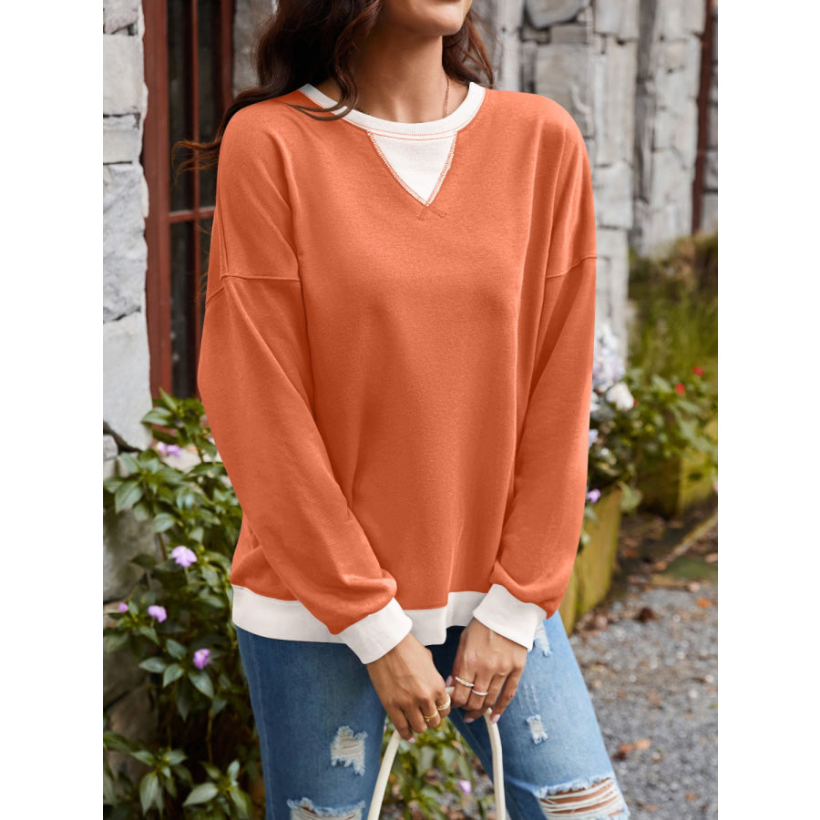 Contrast Round Neck Long Sleeve Sweatshirt Burnt Coral / S Apparel and Accessories