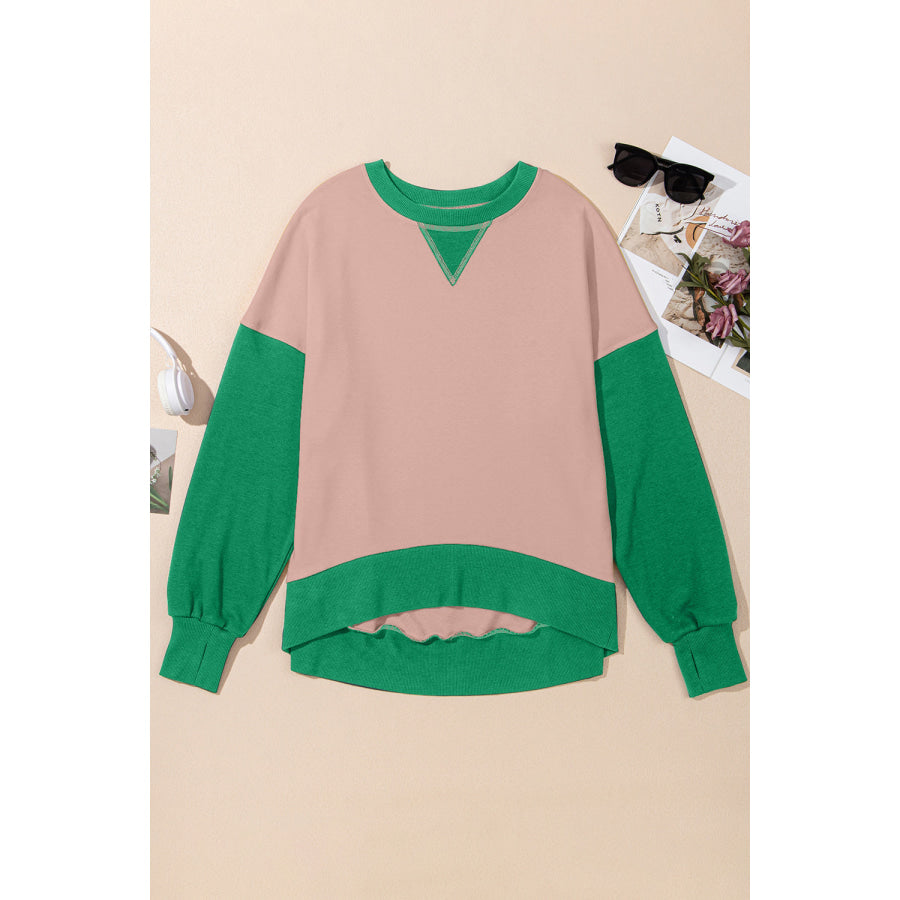 Contrast Round Neck Long Sleeve Sweatshirt Dust Storm / S Apparel and Accessories