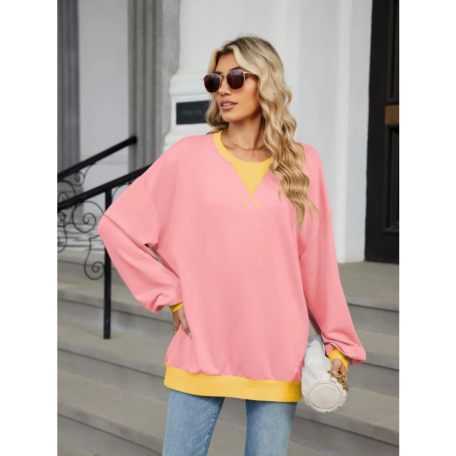 Contrast Round Neck Long Sleeve Sweatshirt Dusty Pink / S Apparel and Accessories