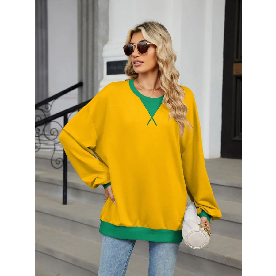 Contrast Round Neck Long Sleeve Sweatshirt Gold / S Apparel and Accessories