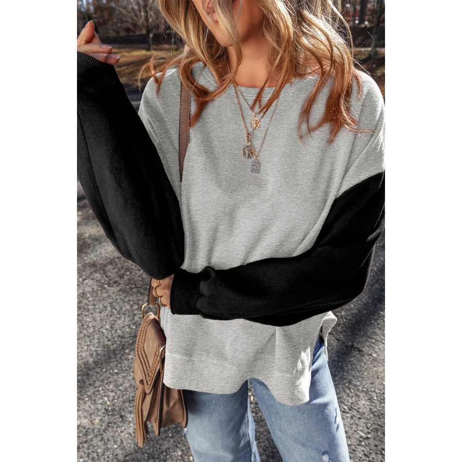 Contrast Round Neck Long Sleeve Sweatshirt Gray / S Apparel and Accessories